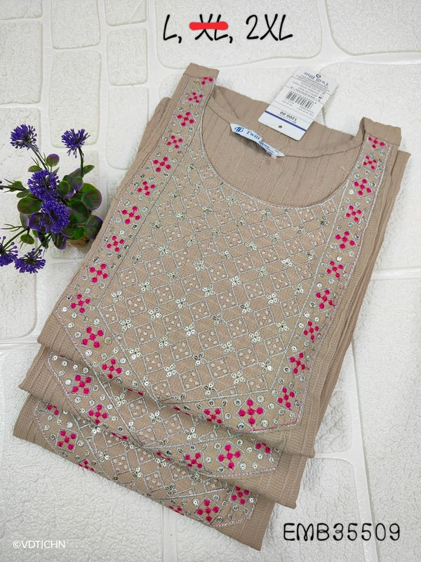 Twill Blue Embrodiery Popcorn Kurti EMB35509 - 2XL, Light Brown