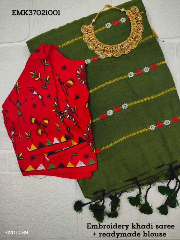 Ruthvi Ethincs Embroidery Khadi Saree With Blouse EMK37021001 - Saree With Blouse, Green