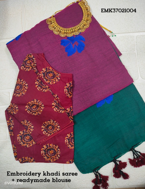 Ruthvi Ethincs Embroidery Khadi Saree With Blouse EMK37021004 - Saree With Blouse, Purple