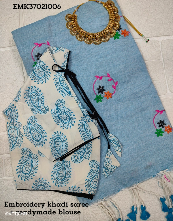 Ruthvi Ethincs Embroidery Khadi Saree With Blouse EMK37021006 - Saree With Blouse, Sky Blue