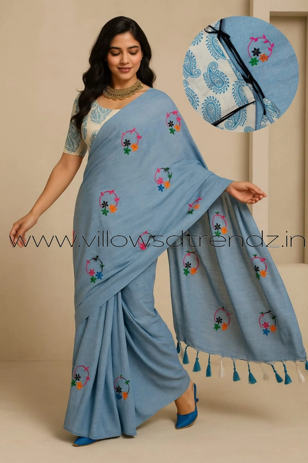 Ruthvi Ethincs Embroidery Khadi Saree With Blouse EMK37021006 - Sky Blue, Saree With Blouse
