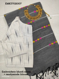 Ruthvi Ethincs Embroidery Khadi Saree With Blouse EMK37021007 - Ash, Saree With Blouse