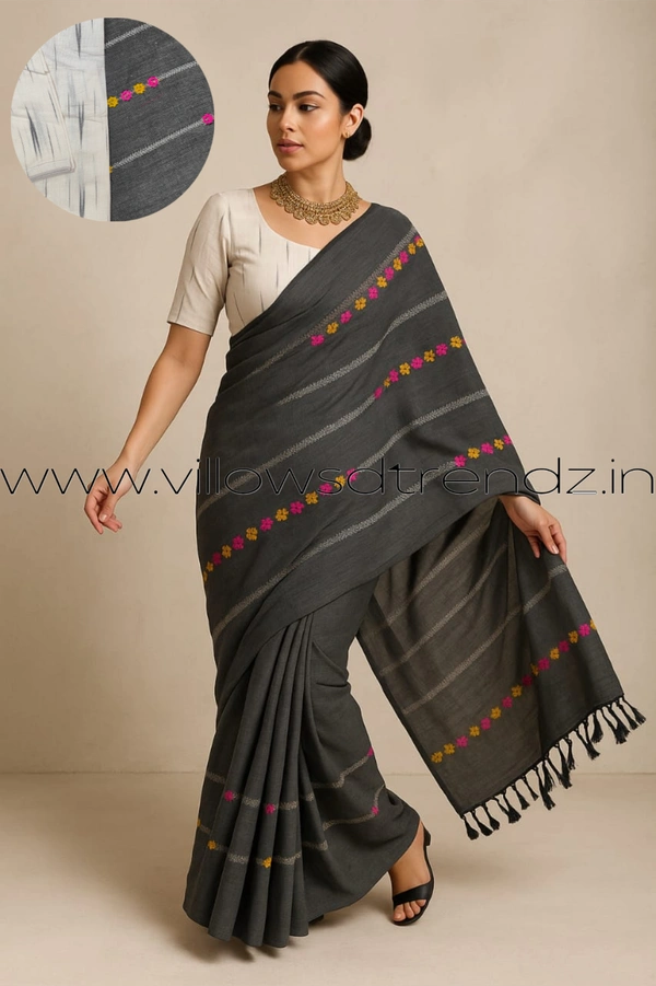 Ruthvi Ethincs Embroidery Khadi Saree With Blouse EMK37021007 - Ash, Saree With Blouse