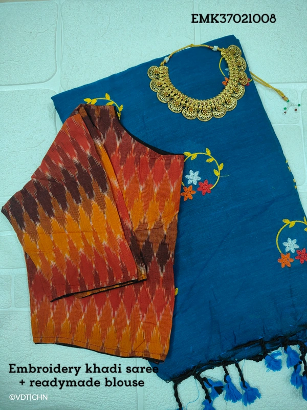 Ruthvi Ethincs Embroidery Khadi Saree With Blouse EMK37021008 - Saree With Blouse, Blue