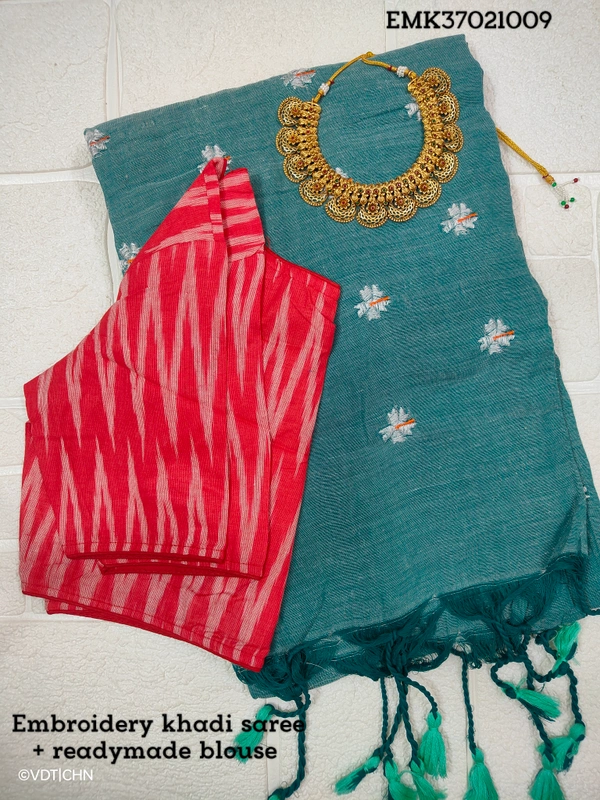 Ruthvi Ethincs Embroidery Khadi Saree With Blouse EMK37021009 - Saree With Blouse, Ash Green