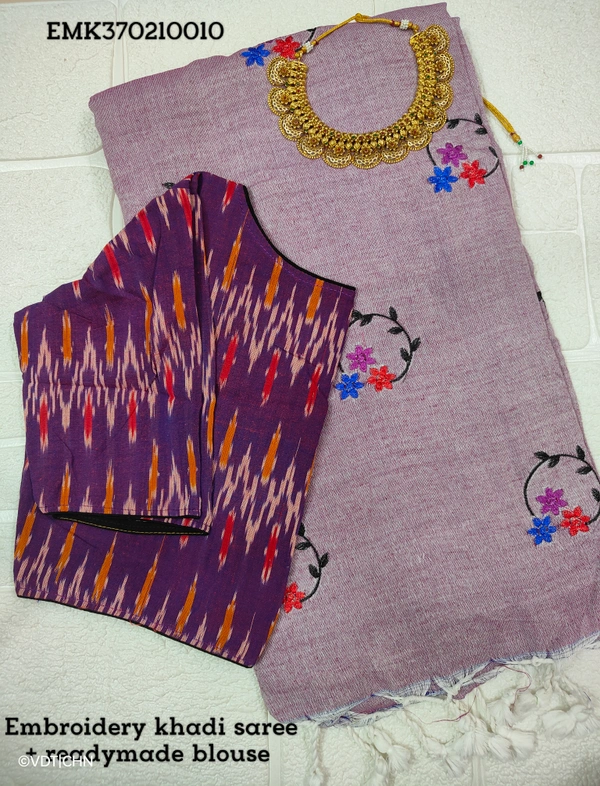 Ruthvi Ethincs Embroidery Khadi Saree With Blouse EMK37021010 - Saree With Blouse, Lite Purple