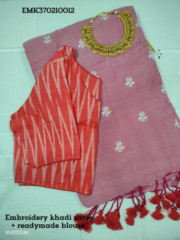 Ruthvi Ethincs Embroidery Khadi Saree With Blouse EMK37021012 - Saree With Blouse, Pink