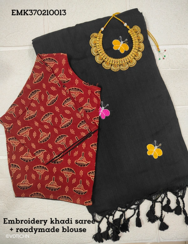 Ruthvi Ethincs Embroidery Khadi Saree With Blouse EMK37021013 - Saree With Blouse, Black