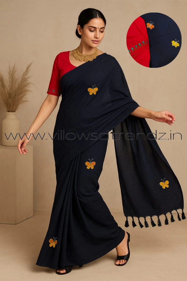 Ruthvi Ethincs Embroidery Khadi Saree With Blouse EMK37021013 - Black, Saree With Blouse