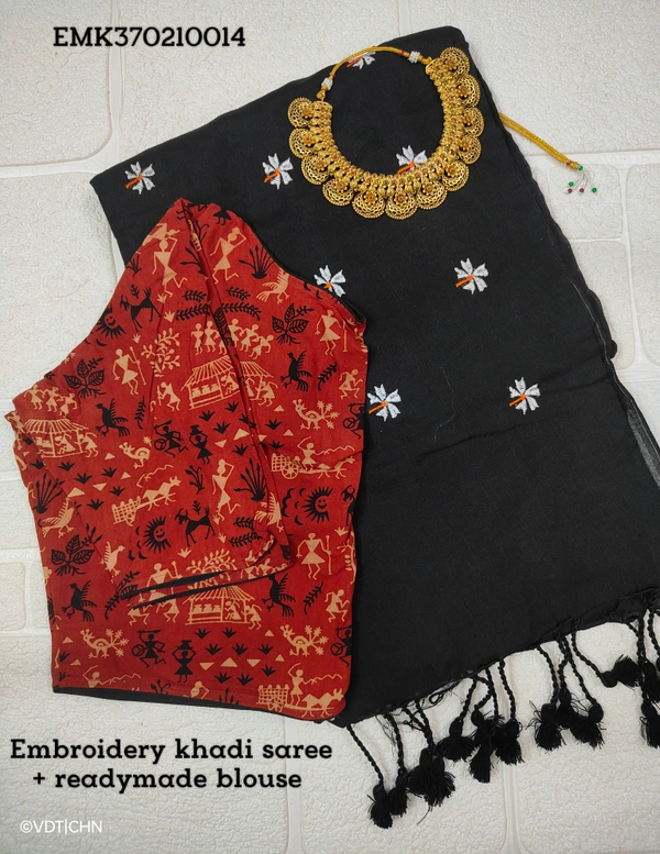 Ruthvi Ethincs Embroidery Khadi Saree With Blouse EMK37021014 - Saree With Blouse, Black