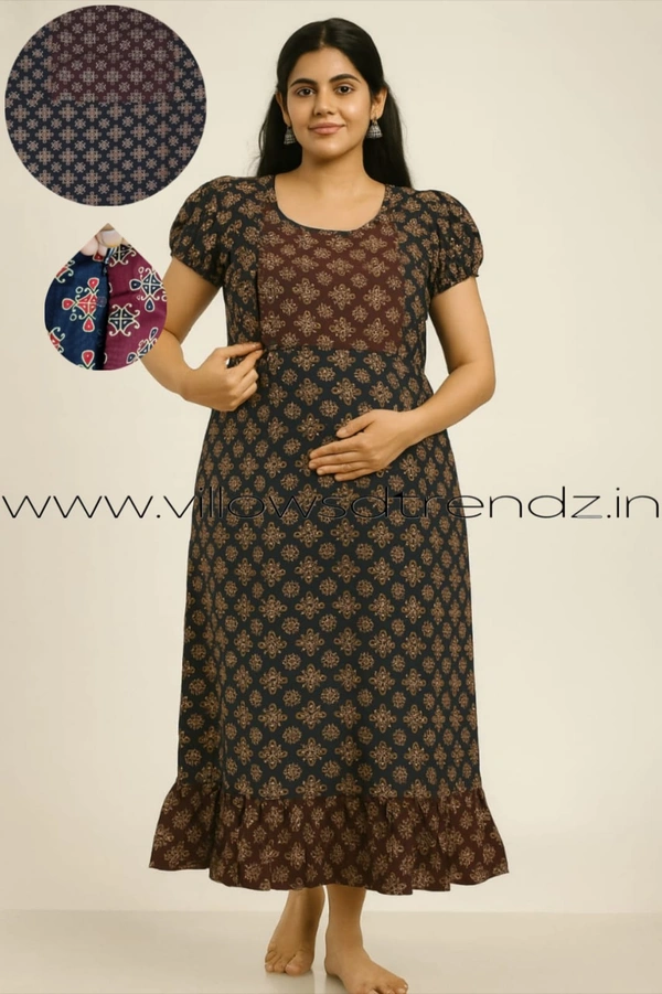 Ruthvi Ethnics Feeding Frock Nighty| Invisible both side Zip| Night Gown| Nighty|Black |FF249006 - Free Size(Refer Size Chart), Black