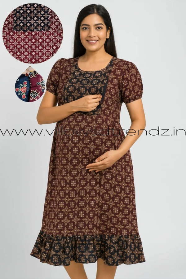Ruthvi Ethnics Feeding Frock Nighty| Invisible both side Zip| Night Gown| Nighty|Maroon |FF249003 - Free Size(Refer Size Chart), Maroon