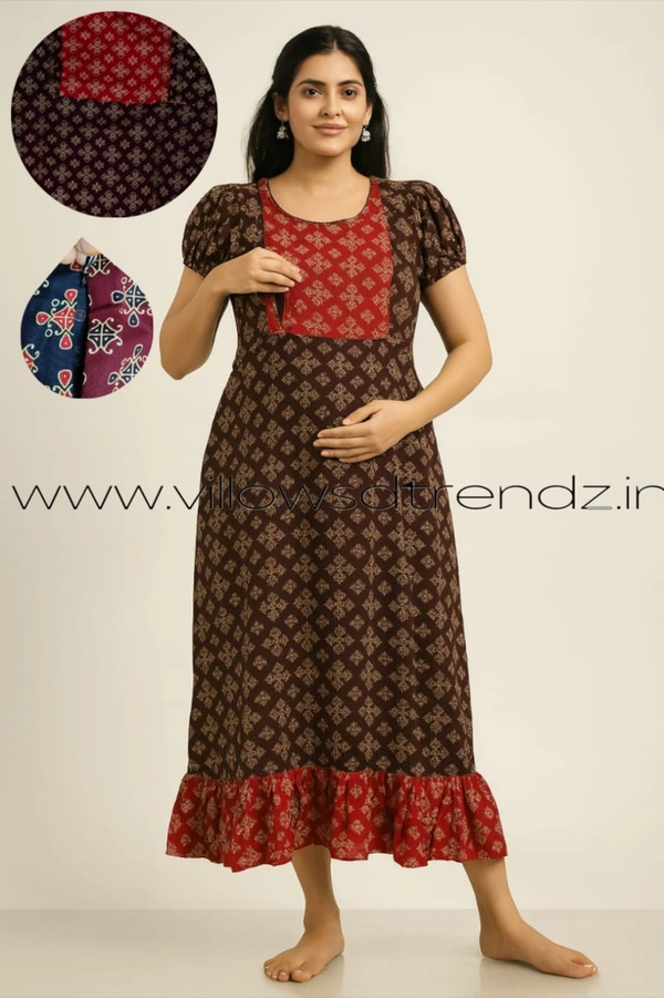 Ruthvi Ethnics Feeding Frock Nighty| Invisible both side Zip| Night Gown| Nighty|Brown |FF249009 - Free Size(Refer Size Chart), Brown