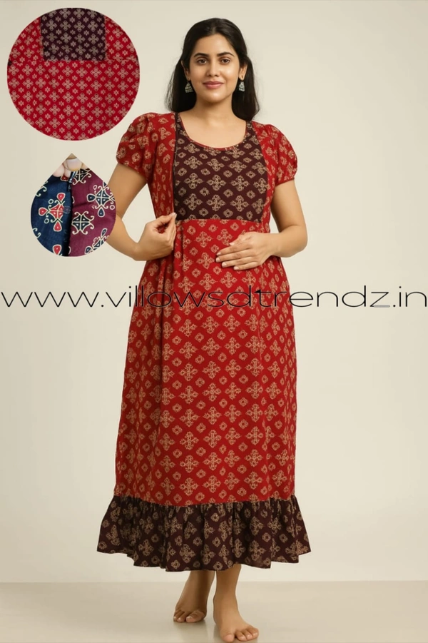 Ruthvi Ethnics Feeding Frock Nighty| Invisible both side Zip| Night Gown| Nighty|Red |FF249008 - Free Size(Refer Size Chart), Red