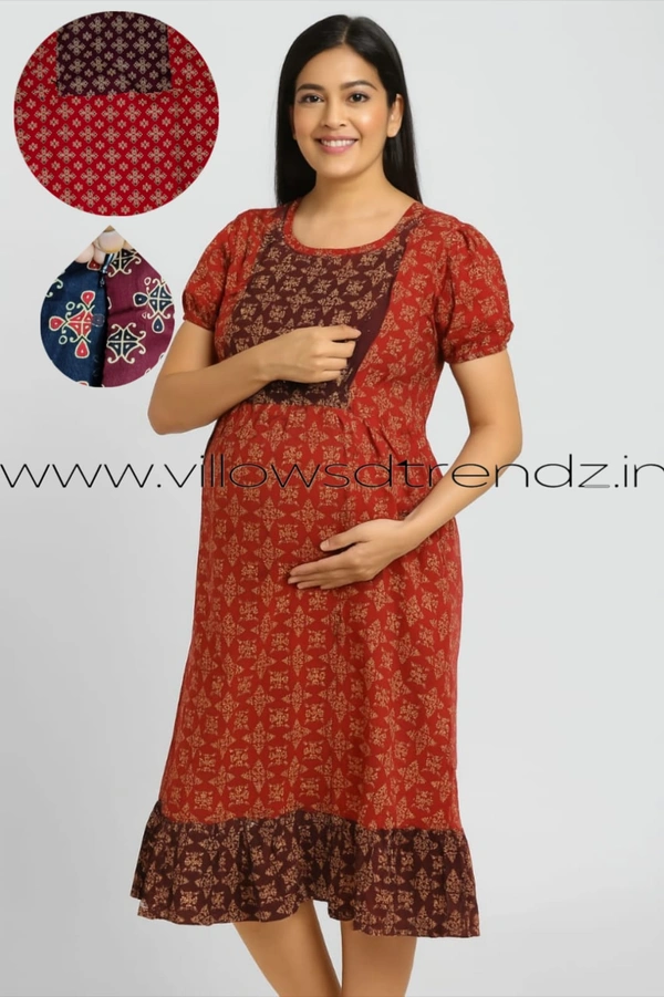 Ruthvi Ethnics Feeding Frock Nighty| Invisible both side Zip| Night Gown| Nighty| Red | FF249004 - Free Size(Refer Size Chart), Red