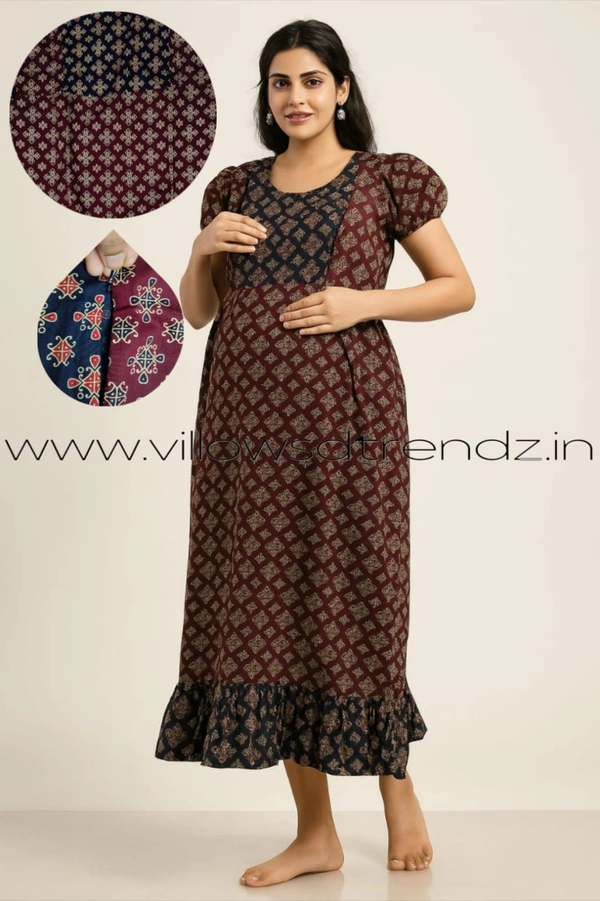 Ruthvi Ethnics Feeding Frock Nighty| Invisible both side Zip| Night Gown| Nighty| Maroon | FF2490010 - Free Size(Refer Size Chart), Maroon