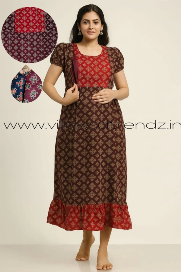 Ruthvi Ethnics Feeding Frock Nighty| Invisible both side Zip| Night Gown| Nighty|Brown |FF2490011 - Free Size(Refer Size Chart), Brown