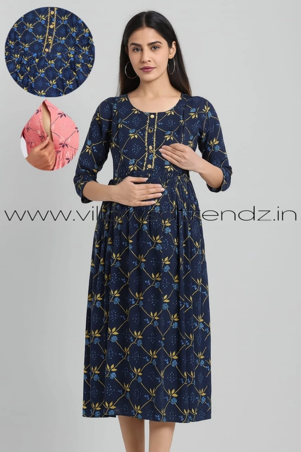 Twill Blue Feeding Umbrella Rayon Kurti | Ink Blue | 190 - M, Ink Blue