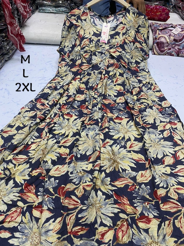 Liva Queen Floral Printed Blue Umbrella Kurti UM814 - L, Navy Blue