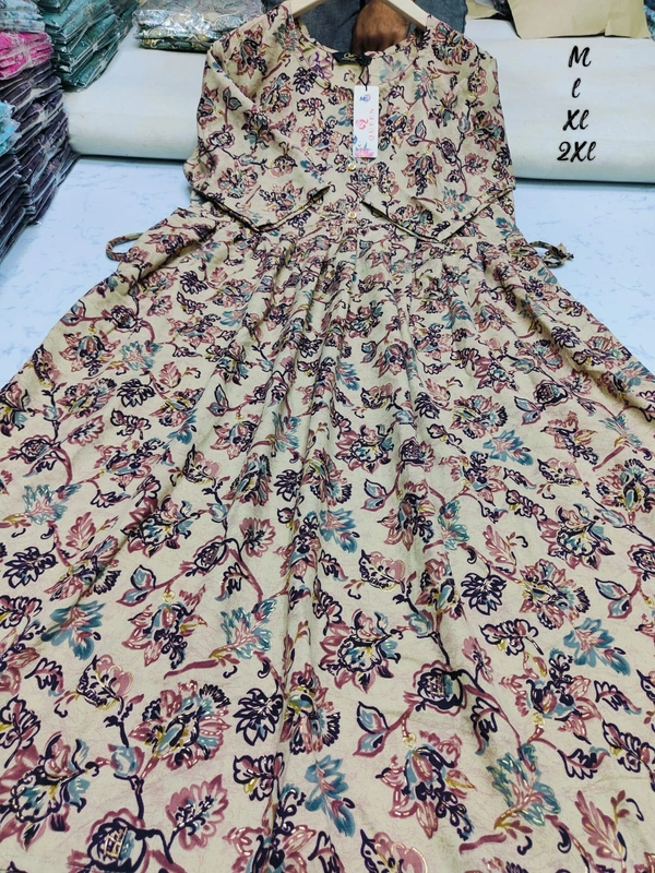 Liva Queen Floral Printed Cream Umbrella Kurti UM826 - M, Cream