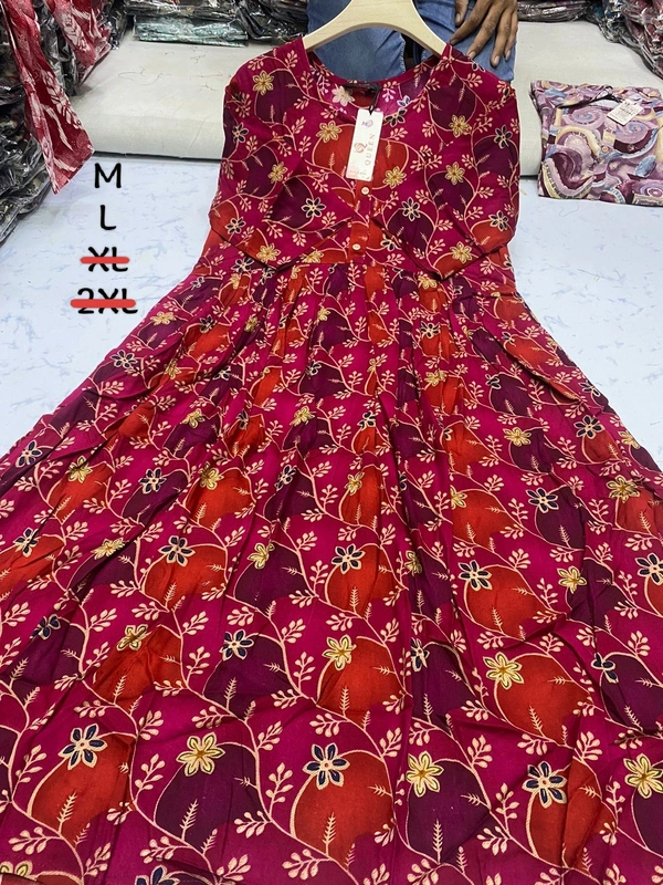 Liva Queen Floral Printed Red Umbrella Kurti UM815 - L, Red