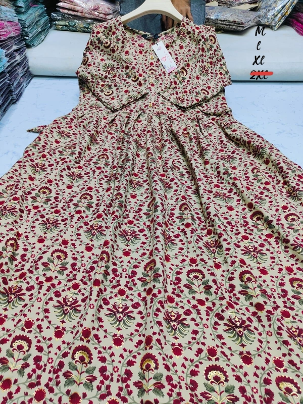 Liva Queen Floral Printed Red Umbrella Kurti UM832 - L, Red
