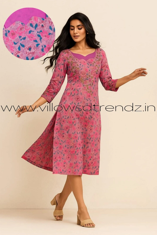 Twill Blue Hakooba Kurti with full sequence work HK35507 - Pink, XL