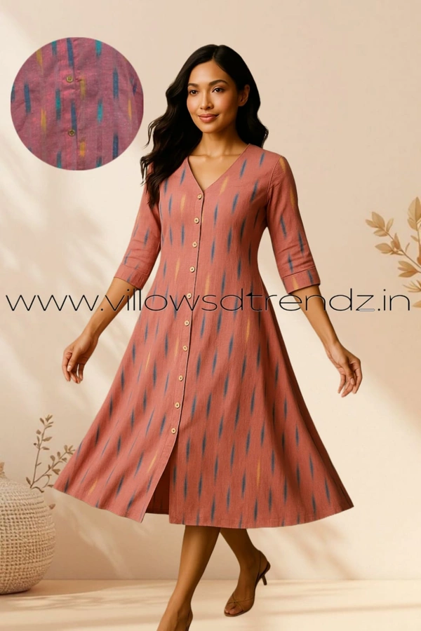 Twill Blue Ikkat Cotton -Aline Kurti |L | Pink |IK25907 - L, Pink