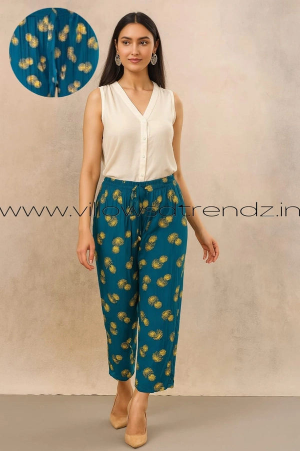 Ruthvi Ethnics Imported Georgette Golden Tag Palazzo| Foil Printed Palazzo| Teal Blue |  IP16509 - FS(Fits upto L), Teal Blue
