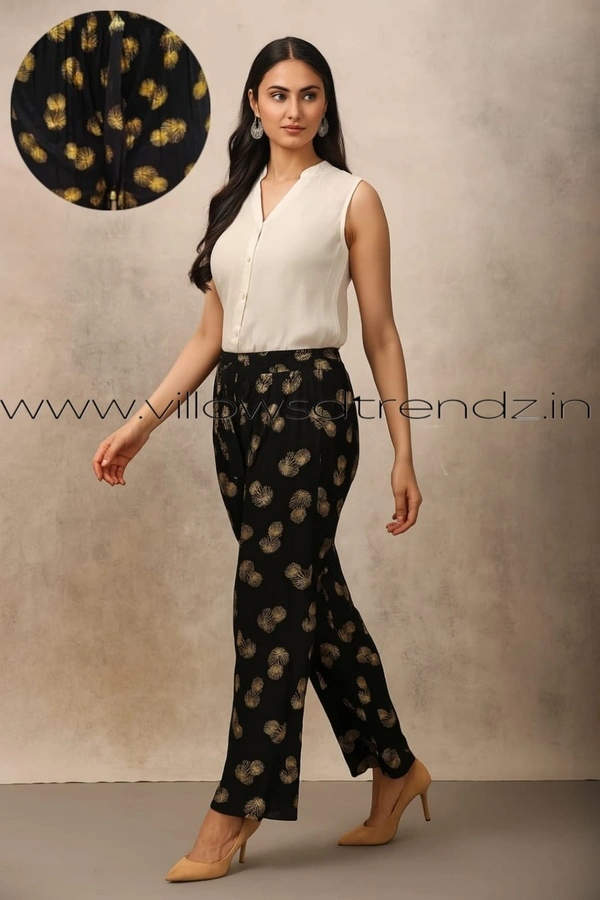 Ruthvi Ethnics Imported Georgette Golden Tag Palazzo| Foil Printed Palazzo| Black |  IP165011 - FS(Fits upto L), Black