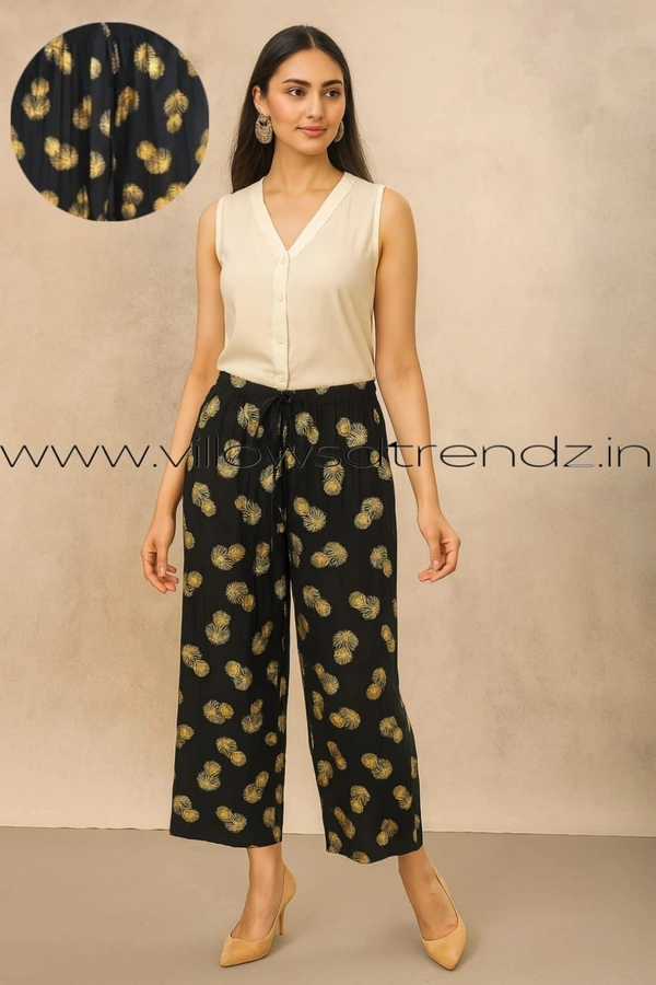 Ruthvi Ethnics Imported Georgette Golden Tag Palazzo| Foil Printed Palazzo| Black |  IP16507 - FS(Fits upto L), Black