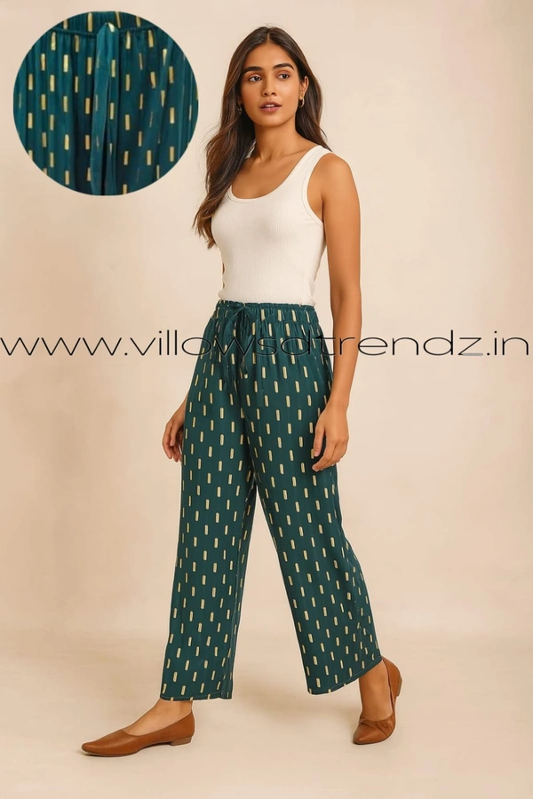 Ruthvi Ethnics Imported Georgette Golden Tag Palazzo| Foil Printed Palazzo| Bottle Green  |  IP165024 - FS(Fits upto L), Bottle Green