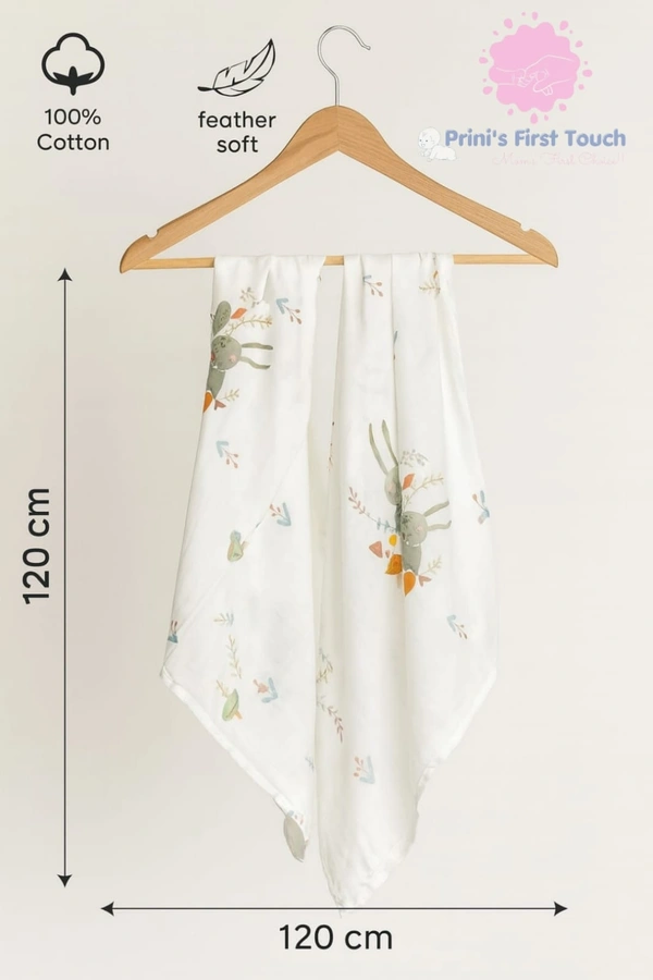 Prini's First Touch Imported Muslin Swaddel Towel|Bath Towel |Pack Contains 1 Towel|100% Organic Cotton| 120 x 120 cm| White | MIPT19006 - 120 x 120 cm, White