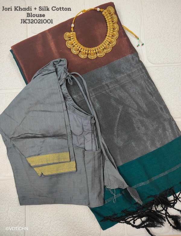 Ruthvi Ethincs Jari khadi with Silk Cotton Blouse JK32021001 - Saree With Blouse, Ash With Maroon