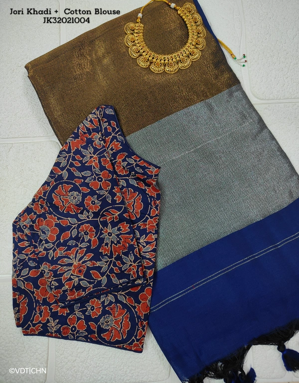 Ruthvi Ethincs Jari khadi with Silk Cotton Blouse JK32021004 - Saree With Blouse, Ash With Maroon