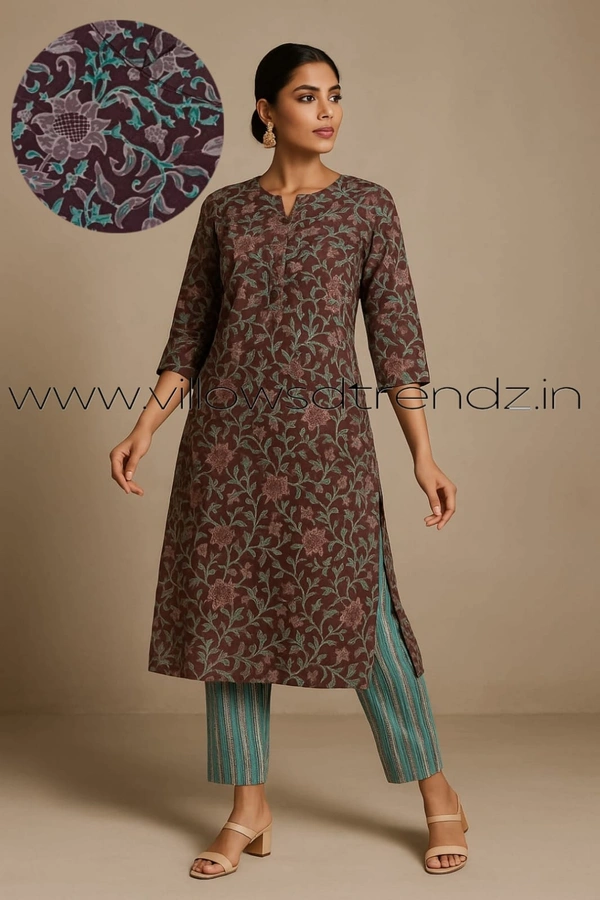 Twill Blue Kalamkari Cotton kurti with Phant  | 2XL | Maroon| KS36001 - 2XL, Maroon