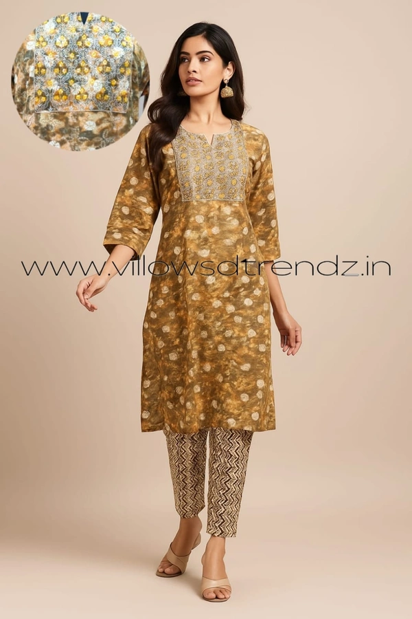 Twill Blue Kalamkari Cotton kurti with Phant  |  2XL | Mehandi Green| KS1555 - 2XL, Meahandi green