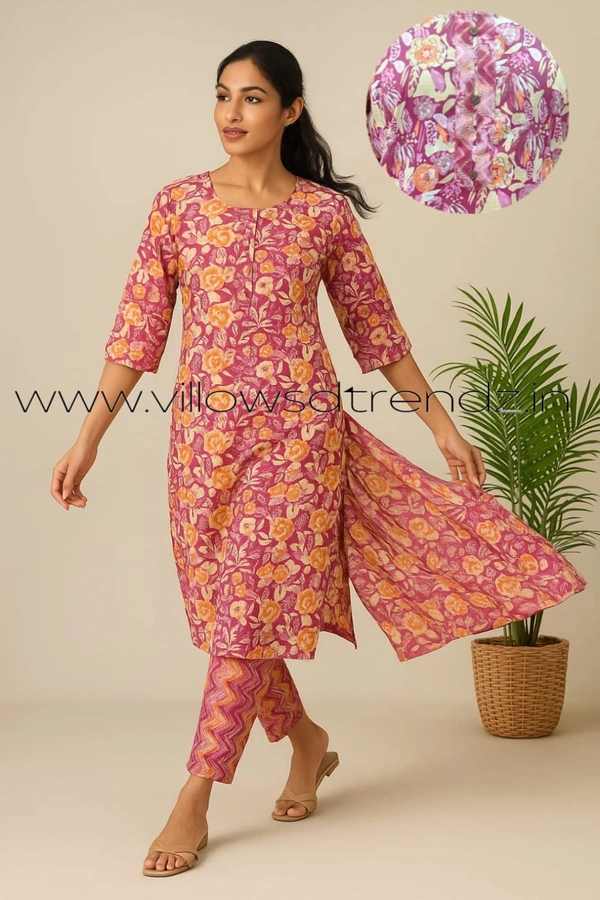 Twill Blue Kalamkari Cotton kurti with Phant  |  2XL | Pink | KS1559 - 2XL, Pink