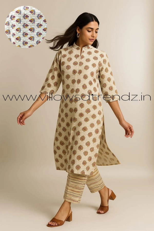 Twill Blue Kalamkari Cotton kurti with Phant  | 2XL | Light Yellow | KS4004 - 2XL, Light Yellow