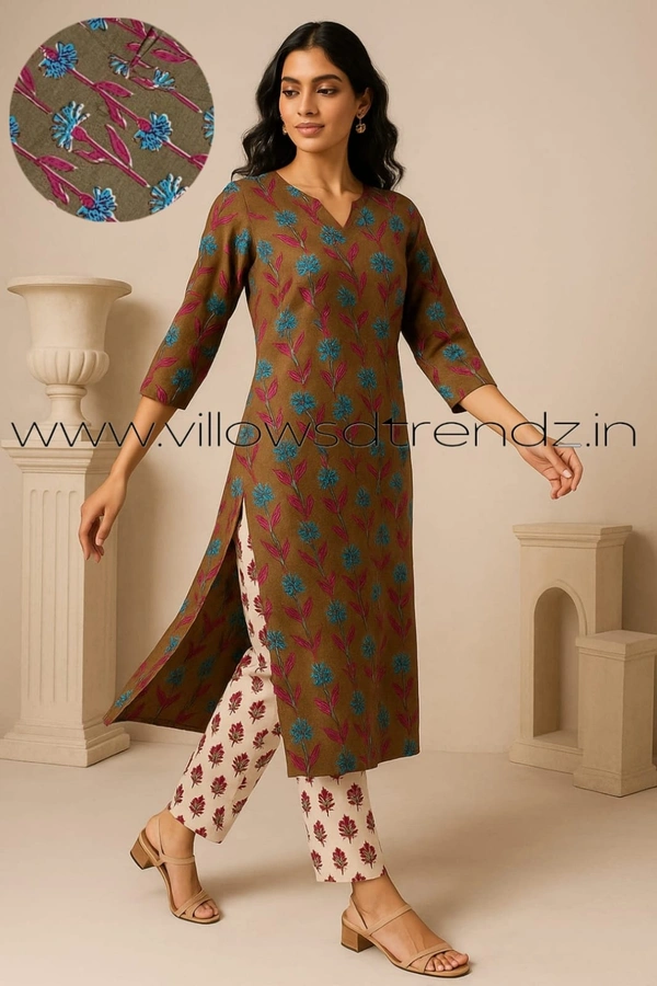 Twill Blue Kalamkari Cotton kurti with Phant  | XL | Brown | KS36002 - XL, Brown