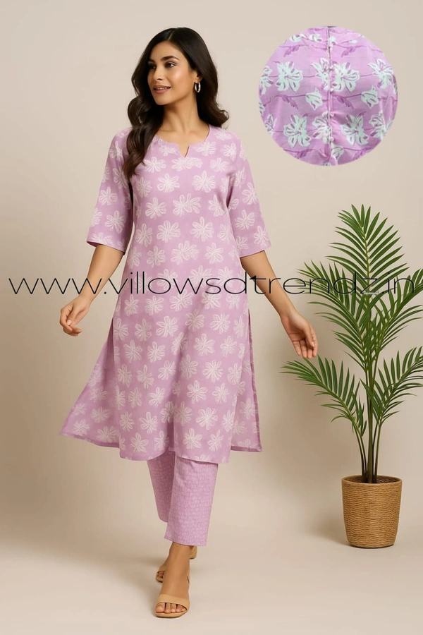 Twill Blue Kalamkari Cotton kurti with Phant  | M | Pink | KS35505 - M, Pink