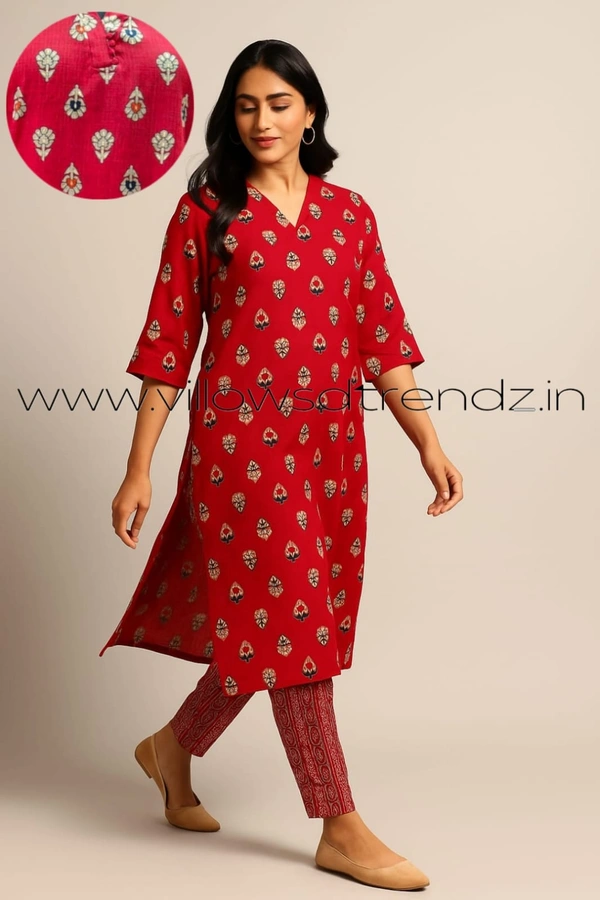 Twill Blue Kalamkari Cotton kurti with Phant  |  L | Red | KS1553 - L, Red