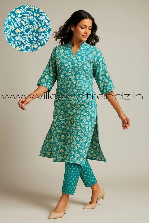 Twill Blue Kalamkari Cotton kurti with Phant  | M |Rama Green | KS1557 - M, Rama Green