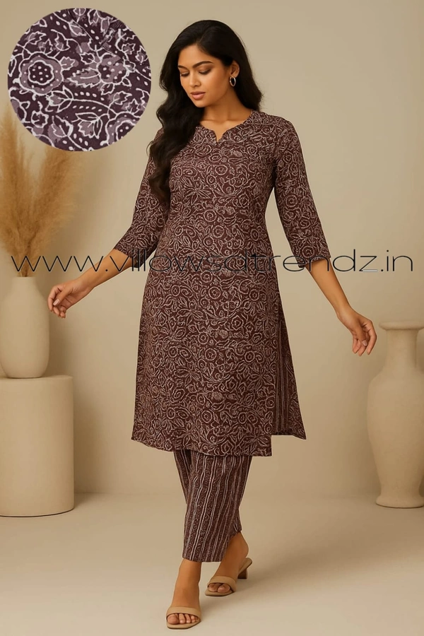 Twill Blue Kalamkari Cotton kurti with Phant  | L | Maroon | KS36004 - L, Maroon