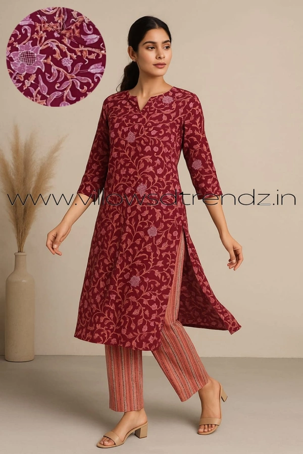 Twill Blue Kalamkari Cotton kurti with Phant  | M | Maroon| KS36003 - M, Maroon