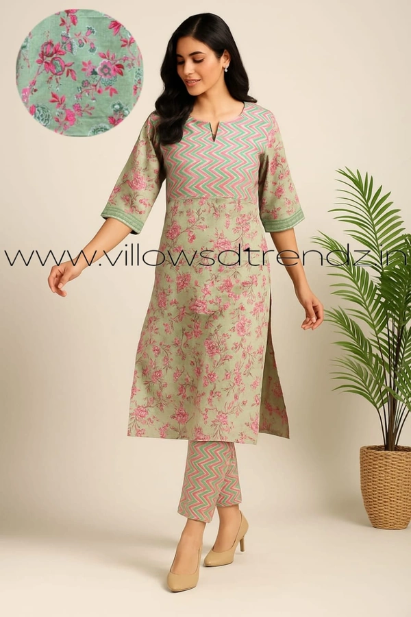 Twill Blue Kalamkari Cotton kurti with Phant  |  XL | Peach Green | KS35504 - XL, Peach Green