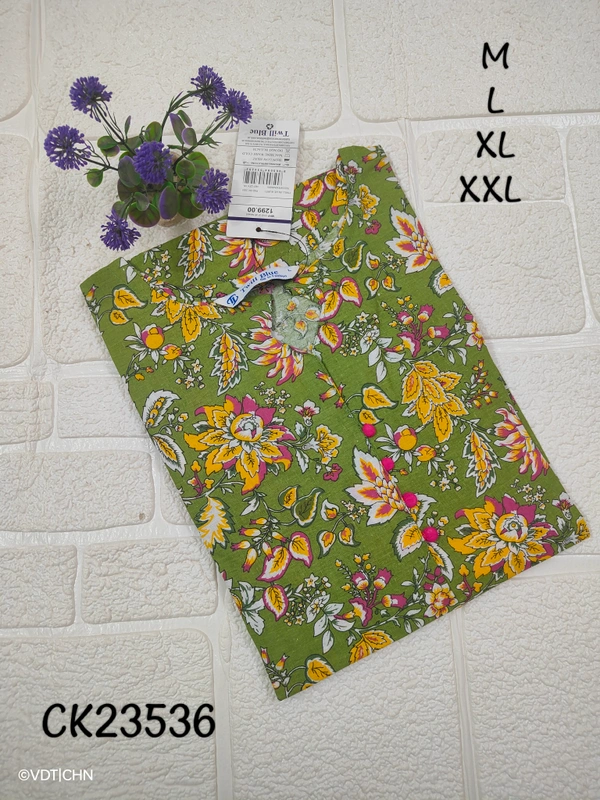 Twill Blue Kalamkari Cotton Kurtis CK23536 - Olive green, M