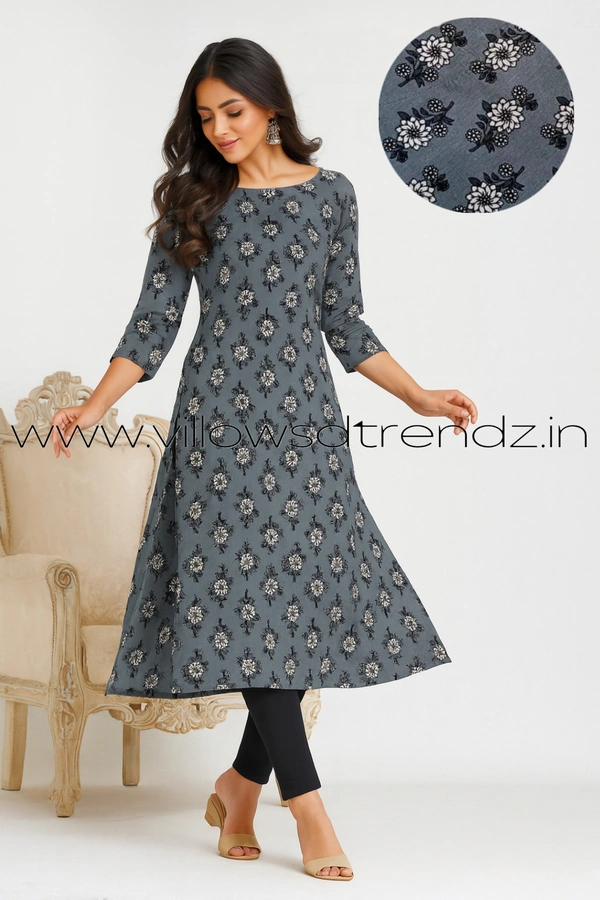 Twill Blue Kalamkari Cotton Kurtis| Side cut |3/4th sleeve| Ash | CK23560 - M, Ash