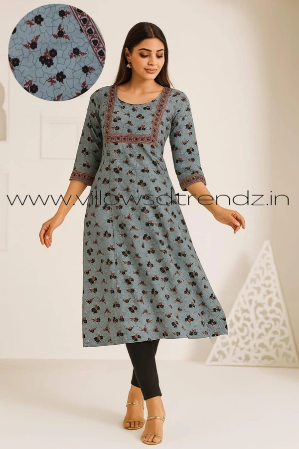 Twill Blue Kalamkari Cotton Kurtis| Side cut |3/4th sleeve |Ash| CK235013 - L, Ash