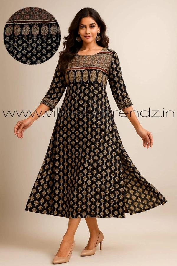 Twill Blue Kalamkari Cotton Kurtis| Side cut |3/4th sleeve |Black |CK22570 - XL, Black